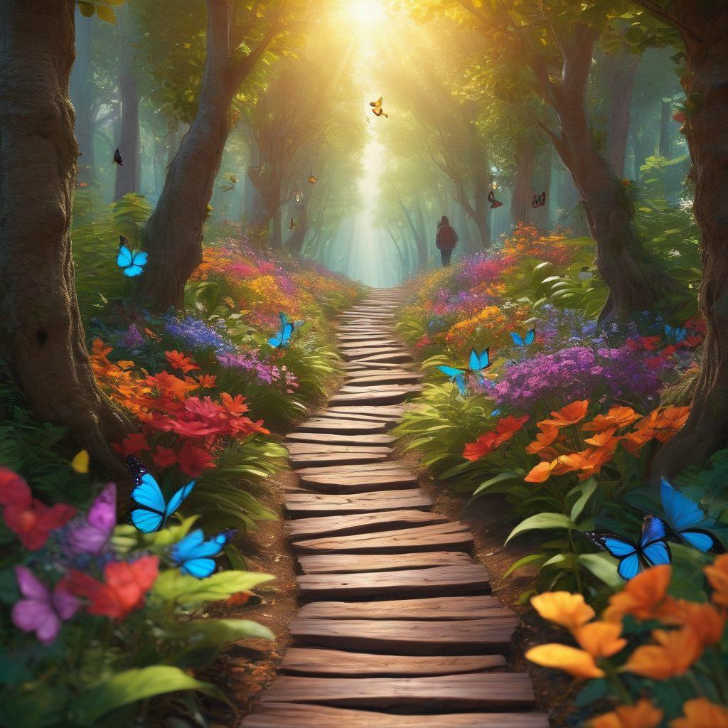A metaphorical pathway winding through an enchanting forest, symbolizing personal growth and change, with vibrant flowers blooming along the edges, and sunlight filtering through the leaves. Include a person confidently walking forward, their silhouette filled with colorful butterflies representing transformation. super-realistic. vibrant colors. 3D.