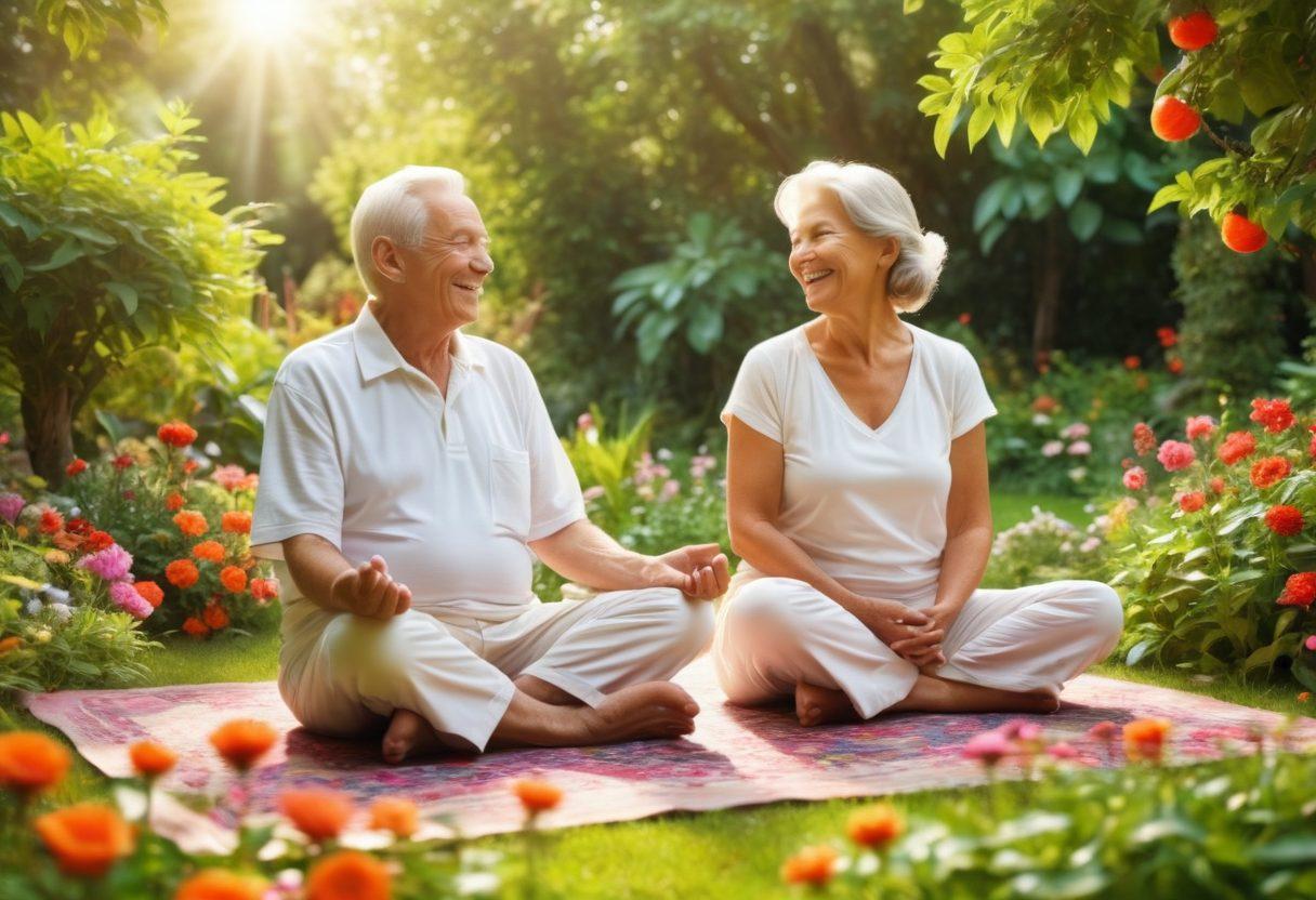 A serene elderly couple enjoying a lush garden, surrounded by vibrant blooming flowers symbolizing vitality. They are laughing and sharing stories, with sunlight filtering through the leaves, creating a warm and inviting atmosphere. Elements of wellness such as yoga mats and healthy fruits are subtly included in the background. super-realistic. vibrant colors. nature backdrop.