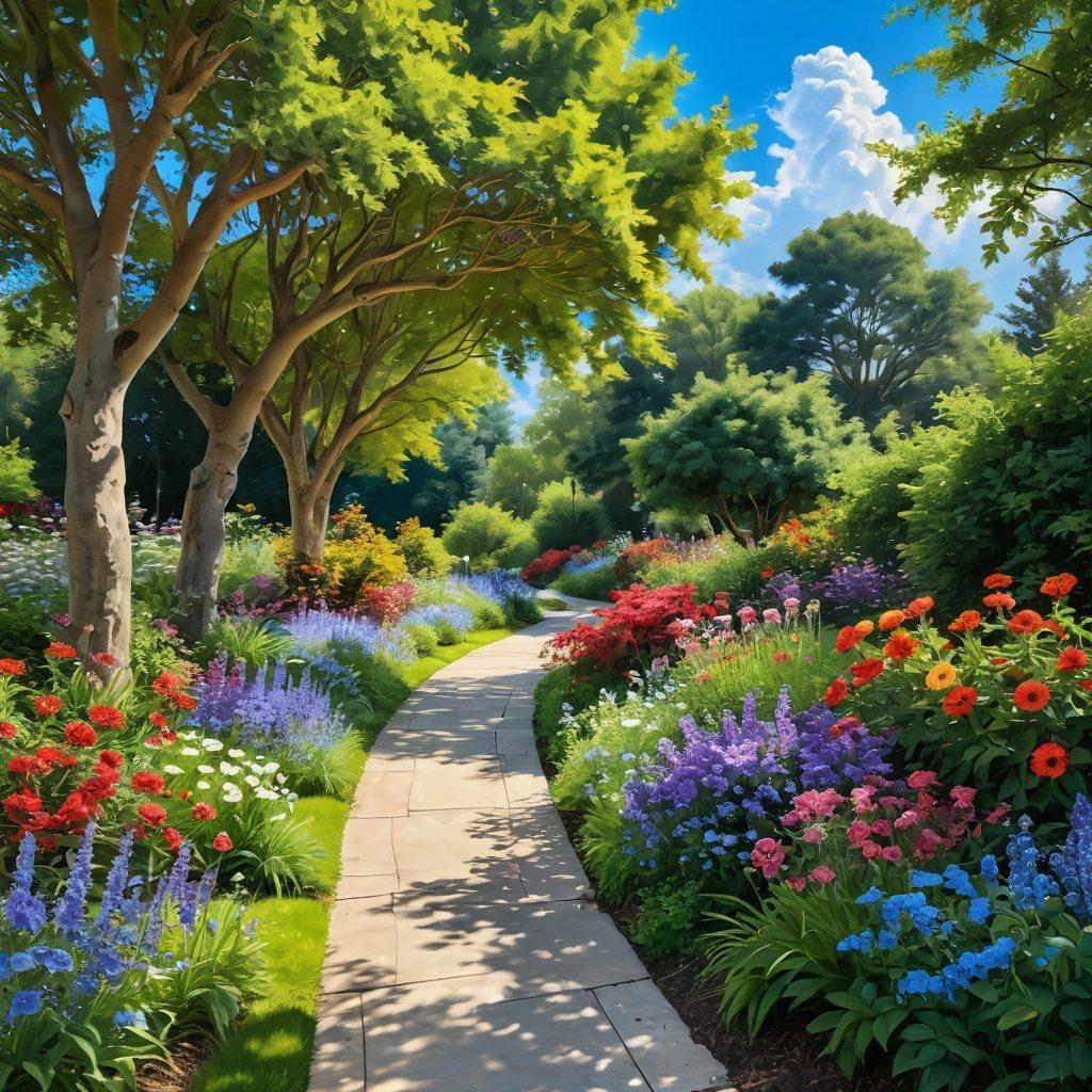 A serene landscape depicting a winding path through a lush garden filled with vibrant flowers and towering trees. Along the path, a diverse group of adults engages in joyful activities such as painting, yoga, and reading, symbolizing growth and refinement. The sky is a brilliant blue with fluffy white clouds, creating a sense of tranquility and possibility. The scene should evoke a feeling of peace and inspiration. super-realistic. vibrant colors. natural lighting.